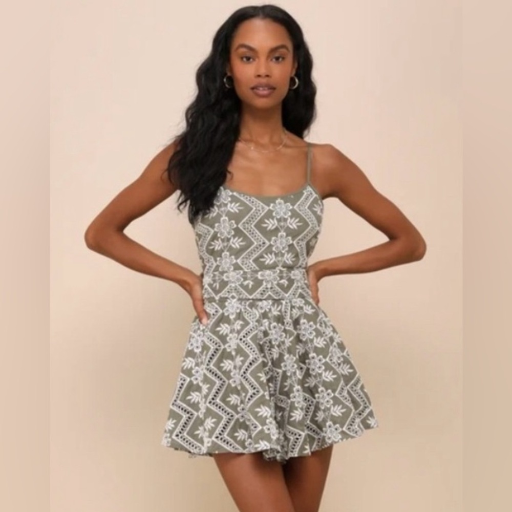 Lulus Charming Sunshine Olive Green Embroidered Tie-Back Romper